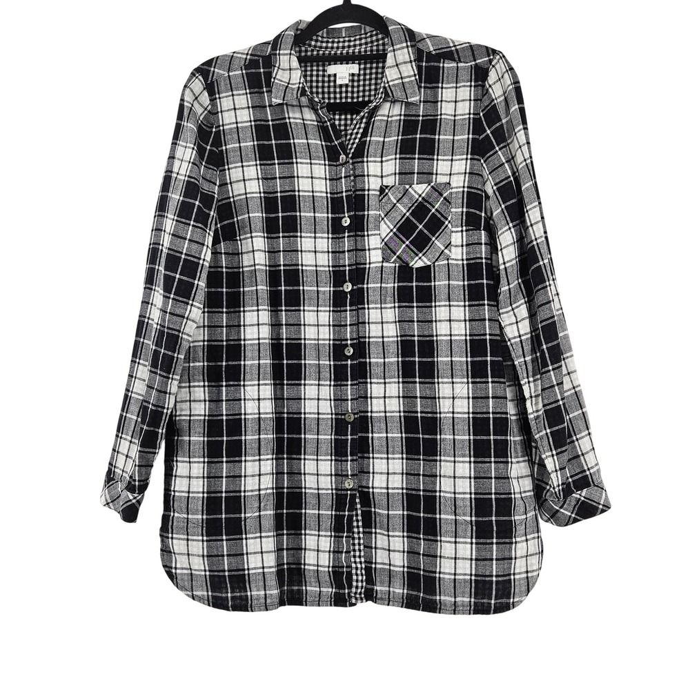 J. Jill Womens Black White Plaid Button Down Cotton Tunic Shirt Top Small Casual